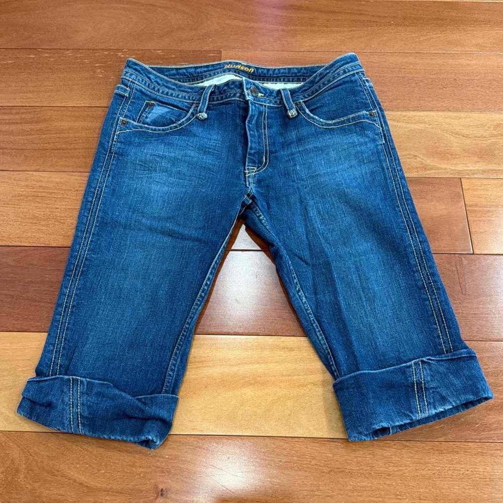Hudson Vintage Denim Bermuda Shorts Womens Blue Cuffed Flap Pocket Size 30